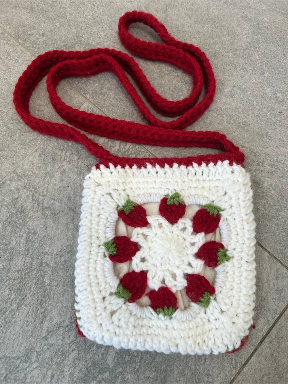 Handmade with love White & Red Crochet Strawberry Square Crossbody Bag lined